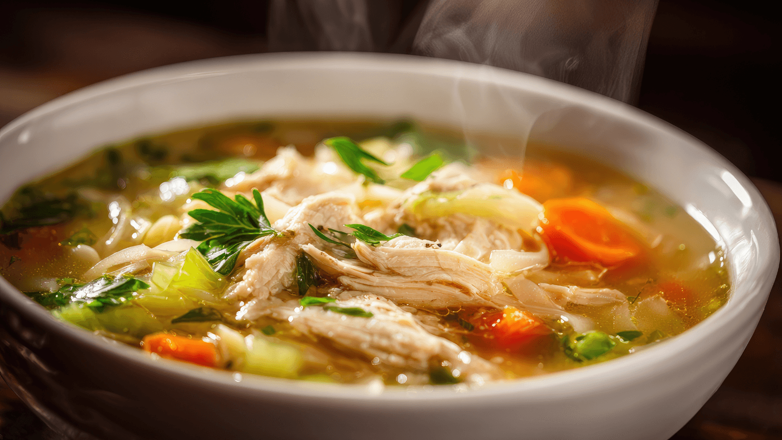 Steaming bowl of homemade chicken noodle soup with shredded chicken, carrots, celery, parsley and clear golden broth