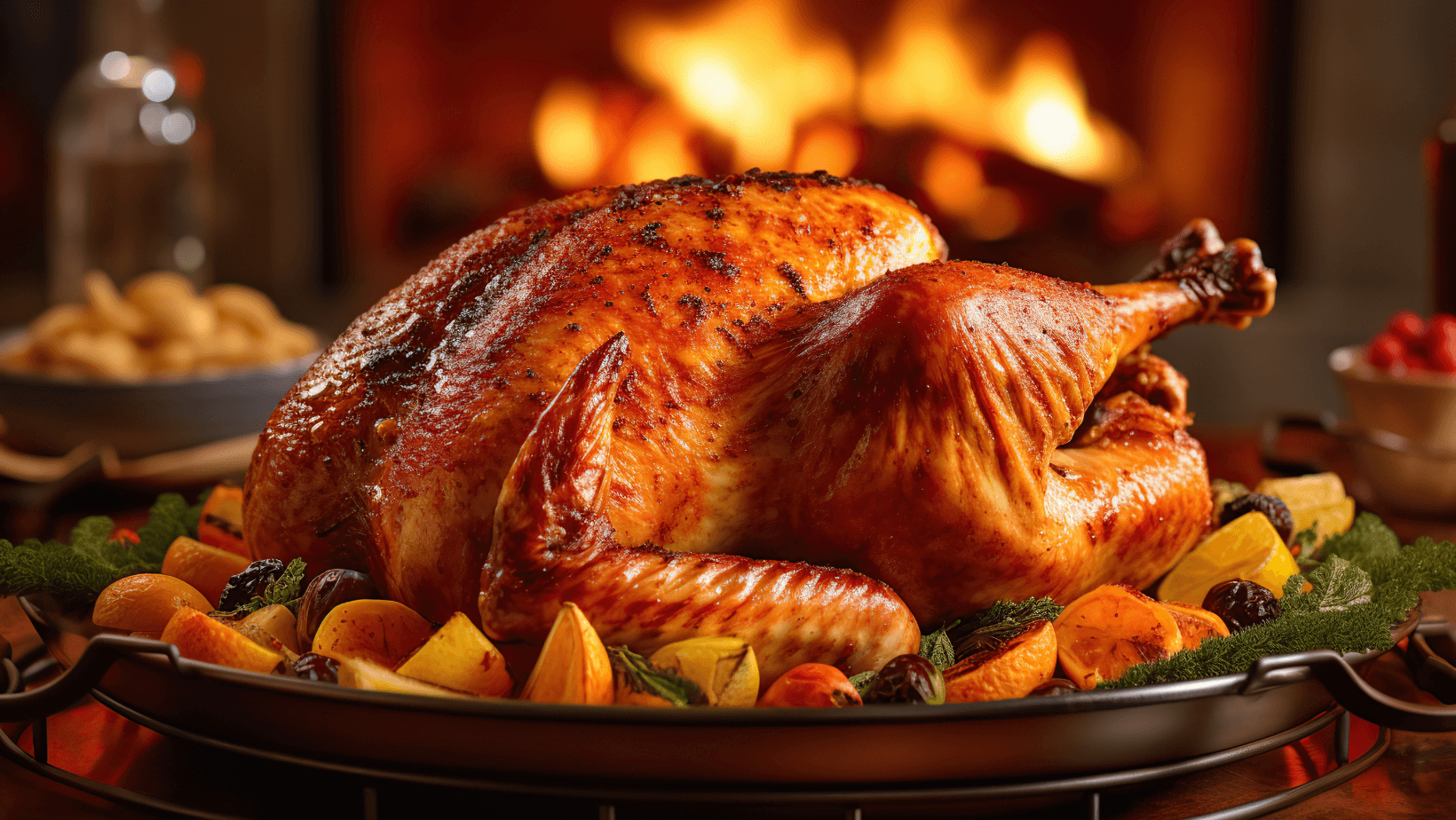 Roast turkey in the foreground on a festive table.