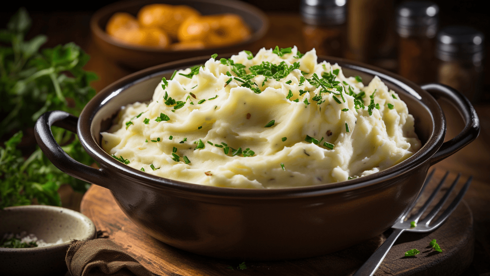 A bowl of comforting and creamy mashed potatoes, garnished with fresh herbs