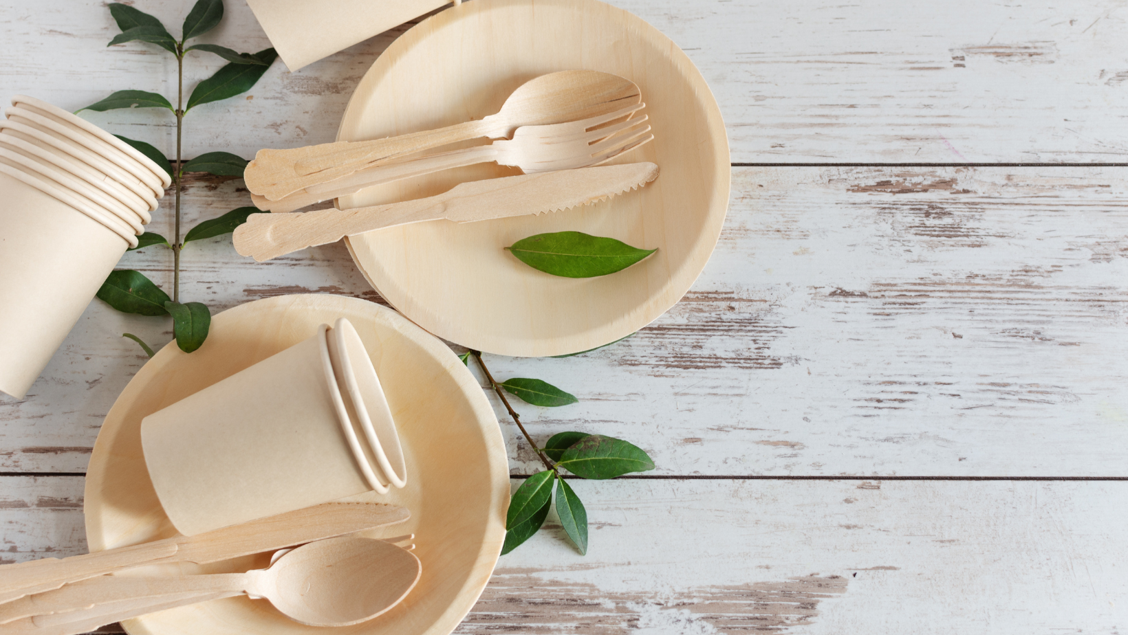 Eco friendly disposable dishes made of bamboo wood and paper on white wooden background.