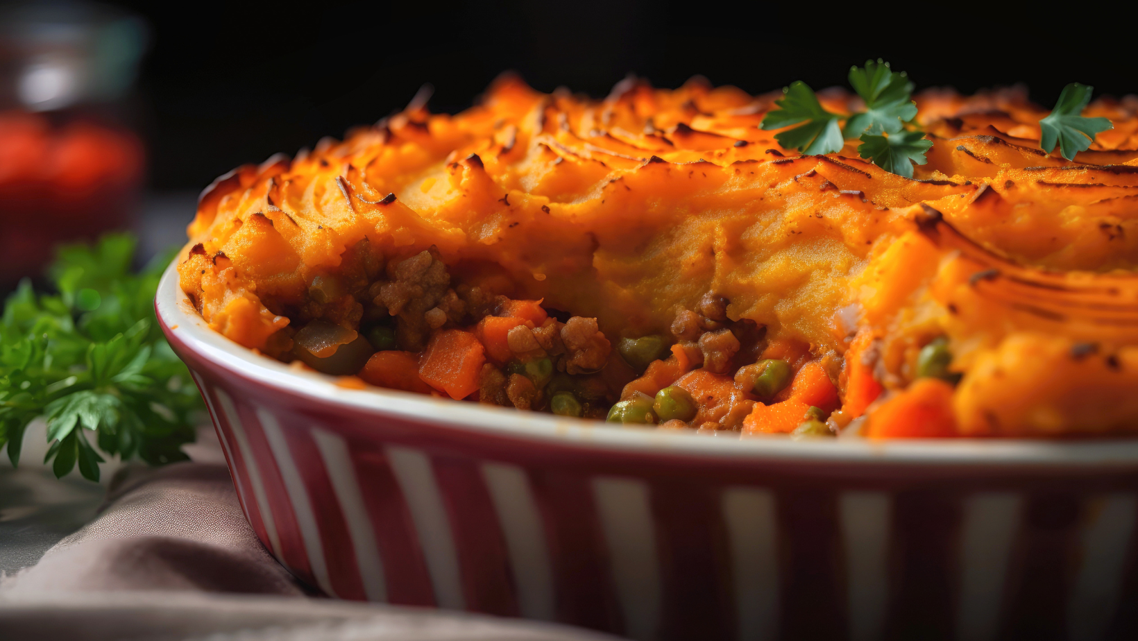 A vegan lentil shepherd's pie with mashed sweet potatoes on top