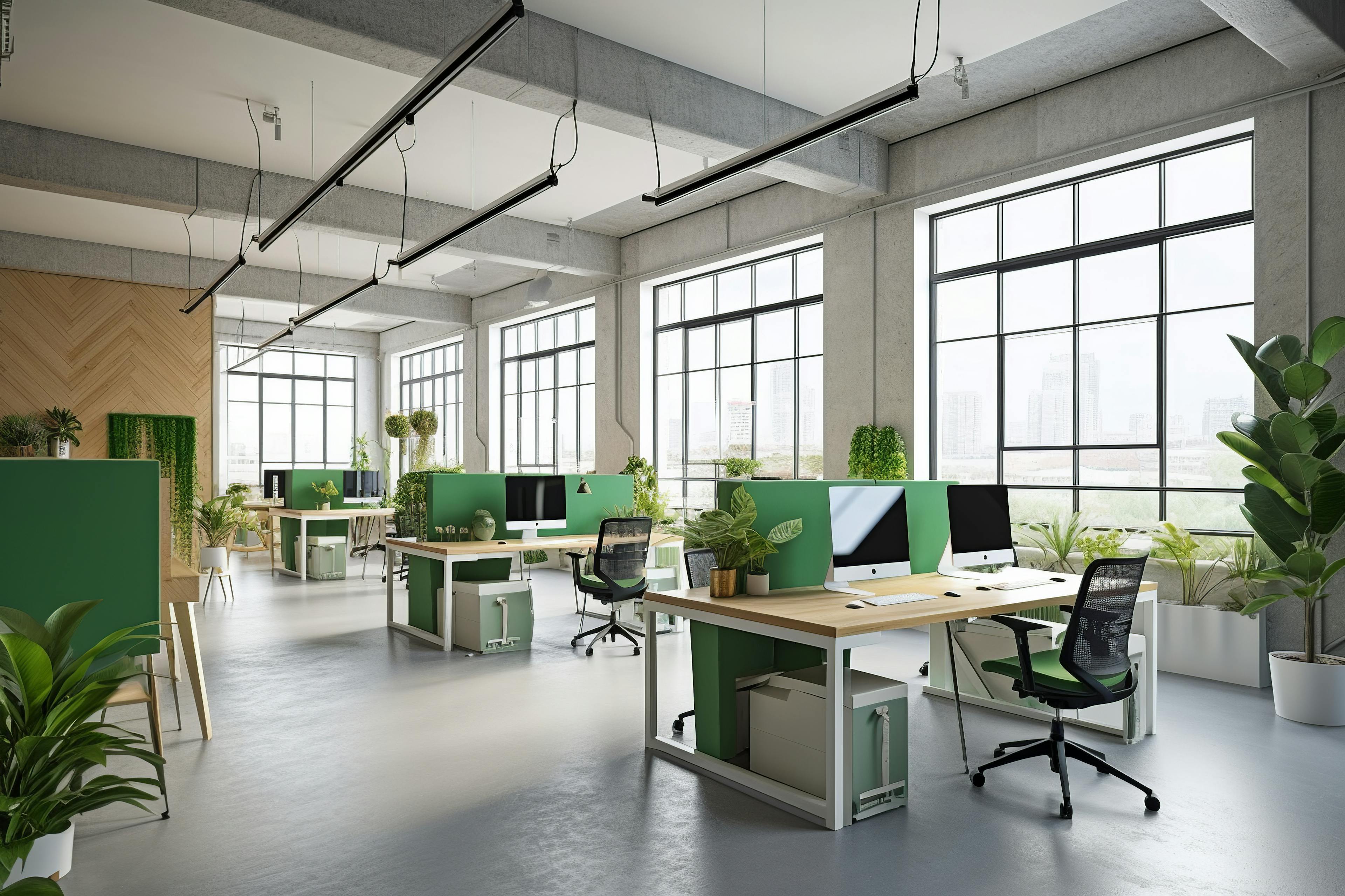 Green open plan office featuring eco-friendly design elements and a spacious layout for a productive and comfortable work environment